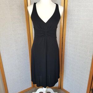 Classic Black Cocktail Dress Stretch Midi Length Size 2 Loft Fit & Flare Deep V
